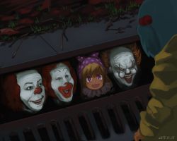 Rule 34 | 2girls, 3boys, blonde hair, blue hair, clownpiece, dated, evil grin, evil smile, from above, grass, grin, hair bobbles, hair ornament, hat, highres, it (stephen king), jester cap, kawashiro nitori, makeup, mcdonald&#039;s, megame (okbnkn), multiple boys, multiple girls, neck ruff, open mouth, orange hair, outdoors, pennywise, polka dot, purple eyes, raincoat, red hair, ronald mcdonald, smile, storm drain, teeth, touhou, trait connection
