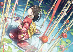Rule 34 | 1girl, black hair, commentary, floral print, flower, hair ornament, highres, japanese clothes, kantoku, kimono, lily pad, long hair, long sleeves, looking at viewer, no shoes, origami, original, paper crane, pink eyes, print kimono, red kimono, seiza, sitting, socks, solo, water, white socks