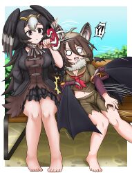 Rule 34 | 2girls, ^^^, adansosutega, animal ears, ascot, bare legs, barefoot, bat ears, bat girl, bat wings, bench, bird wings, black hair, border, breasts, brooch, brown eyes, brown hair, cleavage, day, dress, extra ears, frilled sleeves, frills, front ponytail, fur collar, grabbing, grey hair, hair between eyes, head wings, highres, hilgendorf&#039;s tube-nose bat (kemono friends), jewelry, kemono friends, knees together feet apart, layered sleeves, leaning to the side, light smile, long hair, long sleeves, looking at another, mask, mask on head, medium breasts, midriff peek, motion lines, multicolored hair, multiple girls, multiple wings, navel, o o, on bench, open mouth, outdoors, outside border, park bench, parted lips, pulling, shirt, short dress, short over long sleeves, short sleeves, side-by-side, sitting, skirt, stomach, striated caracara (kemono friends), surprised, sweat, tengu mask, toes, torn clothes, torn shirt, torn skirt, two-tone hair, v-shaped eyebrows, very long hair, white border, wide sleeves, wings
