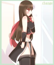 Rule 34 | 1girl, :o, absurdres, bare shoulders, black thighhighs, blush, border, breasts, brown hair, english text, flower, from side, green border, green skirt, hair flower, hair ornament, hand up, highres, long hair, medium breasts, navel, ninja, non (wednesday-classic), original, parted lips, profile, red eyes, red scarf, scarf, skirt, solo, standing, sweat, thighhighs, very long hair, white flower
