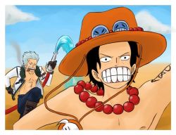 Rule 34 | 2boys, alabasta, black hair, blue sky, cigar, freckles, grey hair, hat, hose, jacket, jewelry, male focus, multiple boys, necklace, one piece, open clothes, open jacket, portgas d. ace, running, sky, smoker (one piece), teeth, topless male, water