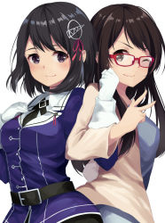 Rule 34 | 10s, 2girls, ;), alternate costume, back-to-back, black eyes, black hair, breasts, brown eyes, brown hair, casual, chiiririn, clenched hand, glasses, gloves, haguro (kancolle), hair ornament, kantai collection, locked arms, looking at viewer, looking to the side, military, military uniform, multiple girls, one eye closed, red-framed eyewear, voice actor, voice actor connection, short hair, simple background, small breasts, smile, taneda risa, uniform, upper body, v, white background, white gloves
