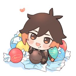 Rule 34 | 1boy, blush, brown hair, candy, chibi, chocolate, coat, earrings, food, food on face, genshin impact, hair between eyes, heart, holding, jewelry, long hair, looking at viewer, male focus, moboj13, multicolored hair, open mouth, orange hair, ponytail, simple background, single earring, solo, white background, wrapped candy, wrapper, zhongli (genshin impact)