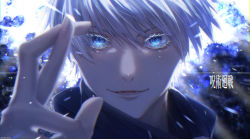 Rule 34 | 1boy, black jacket, blue eyes, commentary request, crossed fingers, eyelashes, gojou satoru, h2o (user fexn7448), hair between eyes, hand up, high collar, highres, jacket, jujutsu kaisen, kanji, looking at viewer, male focus, open mouth, portrait, short hair, smile, solo, translation request, twitter username, white hair