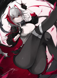 Rule 34 | 1girl, absurdres, antenna hair, arknights, arm up, ass, black gloves, black jacket, black pantyhose, black scarf, black skirt, breasts, bright pupils, crazy grin, dated, detonator, eyes visible through hair, feet out of frame, fingerless gloves, gloves, grey hair, grin, hair between eyes, highres, holding, index finger raised, jacket, large breasts, leg up, looking at viewer, medium hair, multicolored hair, orange eyes, pantyhose, parted lips, red hair, red jacket, red skirt, scarf, signature, skirt, smile, solo, streaked hair, sweater, two-sided fabric, two-sided jacket, two-sided skirt, two-tone hair, w (arknights), white pupils, white sweater, yonagi white