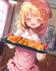 Rule 34 | 1girl, apron, black skirt, blurry, blurry background, blush, bread, buttons, closed eyes, collarbone, drawing (object), facing viewer, food, gochuumon wa usagi desu ka?, hair ornament, hairclip, highres, hoto cocoa, indoors, mozukun43, open mouth, orange hair, oven mitts, pink apron, shirt, short hair, signature, skirt, smile, solo, white shirt, window