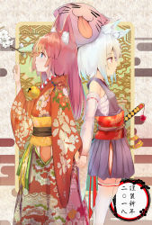 Rule 34 | 2018, 2girls, animal ears, back-to-back, bad id, bad pixiv id, blue eyes, creature, detached sleeves, feet out of frame, floral print, flower, fox ears, happy new year, highres, holding hands, interlocked fingers, japanese clothes, katana, kimono, long hair, long sleeves, looking to the side, marisayaka, multiple girls, new year, obi, original, parted lips, pink hair, profile, red eyes, ribbon-trimmed sleeves, ribbon trim, sash, short hair, sword, thighhighs, tongue, tongue out, weapon, white hair, white legwear, wide sleeves