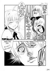 Rule 34 | 00s, 1boy, 1girl, artoria pendragon (fate), comic, fate/stay night, fate (series), gilgamesh (fate), greyscale, hard-translated, long sleeves, monochrome, saber (fate), third-party edit, translated