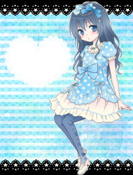 Rule 34 | 1girl, arm support, bad id, bad pixiv id, blouse, blue hair, blue theme, blush, bow, hair bow, heart, jewelry, legs together, long hair, looking at viewer, mary janes, migu (migmig), necklace, original, pantyhose, polka dot, polka dot shirt, puffy short sleeves, puffy sleeves, shirt, shoes, short sleeves, sitting, skirt, solo, striped, striped background, wavy hair, white skirt