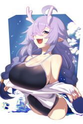 Rule 34 | 1girl, ahoge, alternate breast size, bailu (honkai: star rail), black one-piece swimsuit, braid, breasts, cleavage, cropped legs, crossed bangs, dev (dev0614), dragon girl, dragon horns, eyes visible through hair, fang, green eyes, highres, honkai: star rail, honkai (series), horns, huge breasts, long hair, looking at viewer, one-piece swimsuit, open clothes, open mouth, open shirt, pointy ears, purple hair, purple horns, shirt, skin fang, solo, swimsuit, swimsuit under clothes, twin braids, very long hair, white shirt