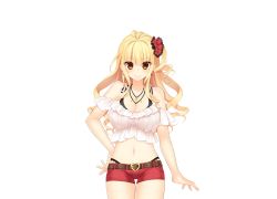 Rule 34 | 1girl, agekichi, asato anri, belt, blonde hair, blush, breasts, cleavage, closed mouth, cowboy shot, earrings, female focus, frilled shirt, frills, game cg, giuniu, groin, hand on own hip, jewelry, kenja no okuri imouto, large breasts, legs, long hair, looking at viewer, midriff, navel, off shoulder, orange eyes, original, shirt, short shorts, shorts, side ponytail, smile, solo, standing, tachi-e, thigh gap, thighs, transparent background