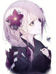 Rule 34 | 1girl, absurdres, black kimono, blush, braid, bug, butterfly, commentary request, flower, hair flower, hair ornament, hair over shoulder, hand on own chest, highres, hito komoru, huge filesize, insect, japanese clothes, kimono, long hair, long sleeves, looking away, looking up, low ponytail, original, parted lips, pink hair, purple eyes, purple flower, simple background, single braid, solo, upper body, white background
