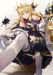 Rule 34 | 1girl, arknights, bare shoulders, bkko, black dress, blonde hair, blue eyes, blush, cane, dress, drone, electricity, hand on own hip, highres, horns, jacket, leaning forward, leizi (arknights), long hair, looking at viewer, open clothes, open jacket, parted bangs, pleated dress, solo, stepping, tail, thigh strap, white jacket, white legwear