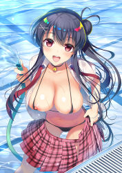 Rule 34 | 1girl, asahina hikage, bare legs, bell, bikini, black bikini, black hair, blush, breasts, cleavage, collar, collarbone, collared shirt, commentary request, day, from above, hair bun, hair ornament, hose, large breasts, long hair, looking at viewer, looking up, micro bikini, navel, neck bell, necktie, nipple slip, nipples, open clothes, open mouth, open shirt, open skirt, original, outdoors, plaid, plaid skirt, pleated skirt, ponytail, pool, red eyes, red necktie, see-through, shirt, short sleeves, side ponytail, single hair bun, skirt, smile, solo, standing, swimsuit, undressing, wading, water, wet, wet clothes, wet shirt, white shirt, x hair ornament