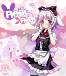 Rule 34 | 3girls, animal ears, apron, blush, bow, copyright name, erina (rabi-ribi), fake animal ears, gradient background, hair bow, hands on own cheeks, hands on own face, heart, heart background, irisu (rabi-ribi), leotard, long hair, maid, maid apron, miniskirt, multiple girls, open mouth, playboy bunny, pocket watch, puffy short sleeves, puffy sleeves, rabbit, rabbit ears, rabi-ribi, ribbon (rabi-ribi), short hair, short sleeves, skirt, solid oval eyes, striped, striped background, twintails, watch, wrist cuffs