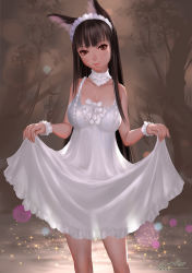 Rule 34 | 10s, 1girl, 2015, animal ears, ariverkao, bare arms, bare shoulders, black hair, bow, breasts, brown eyes, choker, cleavage, clothes lift, collarbone, cowboy shot, dated, dress, dress lift, eyeliner, eyeshadow, female focus, forest, fox ears, head tilt, large breasts, lips, long hair, looking at viewer, maid headdress, makeup, nature, original, see-through silhouette, signature, skirt hold, sleeveless, sleeveless dress, smile, solo, sparkle, thighs, very long hair, white dress, wrist cuffs