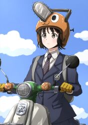 Rule 34 | 1girl, black hair, blazer, blue jacket, blue necktie, blue skirt, chainsaw man, closed mouth, commentary, day, diagonal-striped clothes, diagonal-striped necktie, dress shirt, driving, gloves, helmet, highres, honda, honda super cub, jacket, koguma (super cub), light frown, long sleeves, looking to the side, necktie, omachi (slabco), on motorcycle, outdoors, pleated skirt, pochita (chainsaw man), sakuramon, school uniform, shirt, skirt, striped clothes, super cub, white shirt, wing collar, yellow gloves