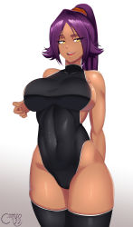 Rule 34 | 1girl, absurdres, arm behind back, bare shoulders, black one-piece swimsuit, black thighhighs, bleach, breasts, castell, covered navel, dark-skinned female, dark skin, hairband, hand on own chest, high ponytail, highres, large breasts, long hair, looking at viewer, one-piece swimsuit, orange hairband, parted bangs, purple hair, shihouin yoruichi, sideboob, sidelocks, signature, skindentation, smile, solo, swimsuit, thighhighs, thighs, toned, yellow eyes