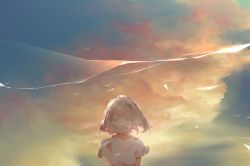 Rule 34 | 1girl, blonde hair, blouse, blue eyes, cloud, cloudy sky, looking at viewer, original, outdoors, saihate (d3), shirt, short sleeves, sky, solo, twilight, upper body, white shirt, wind