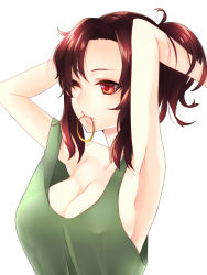 Rule 34 | 1girl, \o/, adjusting hair, armpits, arms up, breasts, brown eyes, brown hair, cleavage, covered erect nipples, gundam, gundam seed, hair tie, large breasts, mouth hold, murrue ramius, one eye closed, outstretched arms, sidelocks, simple background, solo, tank top, tying hair, white background, wink, yutazou