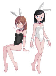 Rule 34 | 2girls, animal ears, armband, bare legs, barefoot, black hair, black leotard, blue eyes, bow, bowtie, breasts, brown eyes, brown hair, covered navel, detached collar, full body, hair ornament, hair over shoulder, hairclip, highres, leotard, long hair, looking at viewer, medium breasts, multiple girls, original, playboy bunny, rabbit ears, rabbit tail, red bow, red bowtie, saiste, simple background, small breasts, smile, strapless, strapless leotard, tail, white background, white leotard, wrist cuffs