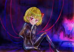 Rule 34 | 1girl, absurdres, arms behind back, barred window, blonde hair, bodysuit, breasts, commission, gas mask, hair ribbon, highres, latex, latex bodysuit, mask, medium breasts, monitor, on floor, red eyes, ribbon, rumia, short hair, smile, solo, string, suzaku mikado, touhou, tube, window