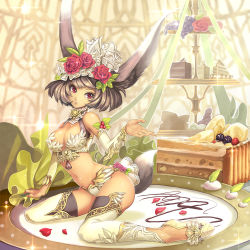 Rule 34 | 1girl, animal ears, breasts, bustier, cake, cleavage, flower, food, fox ears, fox tail, fruit, grapes, hair flower, hair ornament, highres, large breasts, navel, pixiv fantasia, pixiv fantasia new world, plate, rose, shiny skin, short hair, tail, thighhighs, zizero