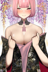 Rule 34 | 1girl, absurdres, blush, breasts, cleavage, floral background, highres, hololive, hololive english, japanese clothes, kimono, large breasts, looking away, mori calliope, off shoulder, pink eyes, pink hair, rizu pann, short hair, solo, virtual youtuber
