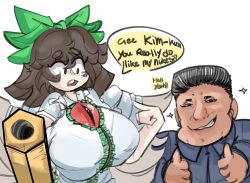 Rule 34 | 1girl, arm cannon, blouse, bow, breasts, brown hair, cape, center frills, collared shirt, commentary, control rod, english commentary, english text, frilled shirt collar, frills, green bow, hair bow, highres, kim jong-un, large breasts, long hair, looking at viewer, open mouth, puffy short sleeves, puffy sleeves, real life, reiuji utsuho, robotic alien, shirt, short sleeves, simple background, smile, solo, speech bubble, star (symbol), teeth, third eye, thumbs up, touhou, upper teeth only, wavy hair, weapon, white background, white cape, white shirt
