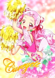 Rule 34 | 10s, 1girl, :d, absurdres, character name, cheerleader, cone hair bun, cowboy shot, cure yell, double bun, flower, hair bun, hair flower, hair ornament, hair ribbon, heart, heart hair ornament, highres, holding, hugtto! precure, layered skirt, light particles, long hair, looking at viewer, magical girl, midriff, multicolored background, nono hana, open mouth, pink eyes, pink hair, pink shirt, pink skirt, pom pom (cheerleading), precure, red ribbon, ribbon, see-through, shirt, skirt, sleeveless, sleeveless shirt, smile, solo, yuto (dialique)