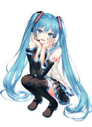 Rule 34 | 1girl, :d, bare shoulders, black skirt, black thighhighs, blue eyes, blue hair, blue nails, blush, detached sleeves, full body, hair between eyes, hands on own cheeks, hands on own face, hatsune miku, headset, kh (kh 1128), long hair, looking at viewer, nail polish, open mouth, pleated skirt, shirt, simple background, skirt, smile, solo, squatting, thighhighs, twintails, very long hair, vocaloid, white background, white shirt