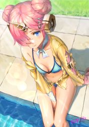 Rule 34 | 1girl, between legs, bikini, blue bikini, blue theme, breasts, chama kou, choker, cleavage, collarbone, day, fate/grand order, fate (series), frankenstein&#039;s monster (fate), frankenstein&#039;s monster (swimsuit saber) (fate), frankenstein&#039;s monster (swimsuit saber) (first ascension) (fate), from above, grey ribbon, hair bun, hair ornament, hair over one eye, hand between legs, highres, horns, looking at viewer, navel, outdoors, pink hair, pool, ribbon choker, shiny skin, short hair, single horn, sitting, small breasts, soaking feet, solo, sunlight, swimsuit