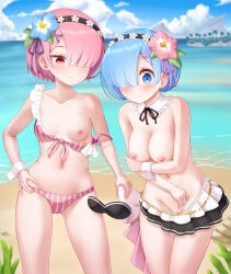 Rule 34 | 2girls, absurdres, ascot, asymmetrical bikini, beach, bikini, bikini pull, bikini skirt, black bikini, blue eyes, blue flower, blue hair, blue sky, blush, breasts, cleavage, clothes pull, cloud, cloudy sky, cowboy shot, detached collar, flower, front-tie bikini top, front-tie top, gem, gplnbeat, hair flower, hair ornament, hair over one eye, hair ribbon, hair slicked back, hand on own hip, headband, highres, holding own arm, horizon, layered bikini, looking down, maid, medium breasts, multiple girls, navel, nipples, ocean, open mouth, pink bikini, pink flower, pink hair, princess connect!, purple gemstone, purple ribbon, pussy, ram (re:zero), re:zero kara hajimeru isekai seikatsu, red eyes, rem (re:zero), ribbon, short hair, siblings, sky, small breasts, striped bikini, striped clothes, swimsuit, topless, twins, uncensored, vertical-striped bikini, vertical-striped clothes, wardrobe malfunction, white ascot, white wrist cuffs, wrist cuffs, x hair ornament