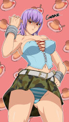 Rule 34 | 1girl, absurdres, ayane (doa), breasts, camouflage, camouflage skirt, covered erect nipples, dead or alive, food, hand on own hip, highres, large breasts, panties, pudding, purple hair, short hair, skirt, solo, underwear, upskirt