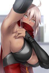 Rule 34 | ahoge, arm guards, armpits, black bow, bow, breasts, cleavage cutout, clothing cutout, commentary request, dark-skinned female, dark skin, fate/grand order, fate (series), gachou, hair between eyes, high collar, koha-ace, large breasts, long hair, okita souji (fate), okita souji alter (fate), okita souji alter (first ascension) (fate), presenting armpit, red scarf, scarf, solo, tassel, white eyes, white hair