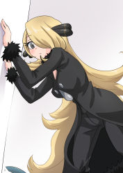 Rule 34 | 1girl, absurdres, against wall, black jacket, black pants, blonde hair, blush, breasts, cleavage, commentary request, creatures (company), cynthia (pokemon), fur-trimmed sleeves, fur collar, fur trim, game freak, gen 4 pokemon, gible, grey background, hair ornament, hair over one eye, highres, jacket, leaning forward, long hair, long sleeves, looking at viewer, medium breasts, nintendo, pants, pokemon, pokemon (creature), pokemon dppt, solo focus, standing, tororonoyama, very long hair