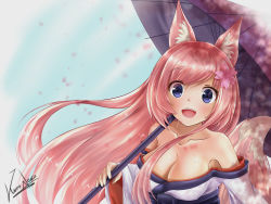 Rule 34 | 1girl, animal ears, artist name, bare shoulders, blue eyes, blue sky, breasts, cherry blossoms, cleavage, collarbone, day, dress, flower, fox ears, fox tail, hair flower, hair ornament, holding, holding umbrella, japanese clothes, kimono, kuro neko 7, large breasts, long hair, long sleeves, looking at viewer, obi, oil-paper umbrella, open mouth, original, outdoors, petals, pink hair, sash, sky, smile, solo, strapless, strapless dress, tail, umbrella, upper body, wide sleeves