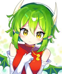 Rule 34 | 1girl, blush, china dress, chinese clothes, closed mouth, draco centauros, dragon girl, dragon horns, dragon wings, dress, elbow gloves, gloves, green hair, highres, horns, looking at viewer, offbeat, pointy ears, puyopuyo, red dress, short hair, sleeveless, sleeveless dress, solo, upper body, white gloves, wings, yellow eyes