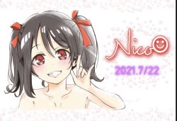 Rule 34 | 1girl, artist name, artist request, bare shoulders, black hair, blush, bow, breasts, cleavage, close-up, collarbone, double m/, female focus, flat chest, hair between eyes, hair bow, long hair, looking at viewer, love live!, love live! school idol project, parted lips, red bow, red eyes, short hair, short twintails, small breasts, smile, solo, teeth, twintails, upper body, white background, yazawa nico