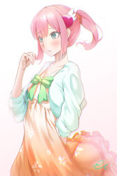 Rule 34 | 1girl, arm behind back, blush, bow, chiyoda momo, collarbone, commentary request, dress, floating hair, floral print, food-themed hair ornament, from side, green bow, green jacket, hair ornament, twirling hair, hair up, highres, jacket, machikado mazoku, orange dress, parted lips, peach hair ornament, ponytail, raised eyebrows, semino hazuki, sidelocks, simple background, solo, white background, wing hair ornament