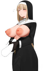 Rule 34 | 1girl, :o, blank censor, blonde hair, blunt bangs, blush, breasts, breasts out, censored, closed eyes, cowboy shot, disembodied penis, handjob, highres, huge breasts, large areolae, large breasts, long hair, nipples, nun, open mouth, original, penis, perky breasts, puffy nipples, senju (snz0), sidelocks, simple background, very long hair, white background