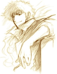 Rule 34 | 1990s (style), 1boy, cigarette, collared shirt, cowboy bebop, holding, holding cigarette, male focus, masya, monochrome, retro artstyle, shirt, sketch, sleeves rolled up, smile, solo, spike spiegel, upper body, white background