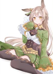 Rule 34 | 1girl, animal ears, black thighhighs, braid, breasts, brown hair, center frills, closed mouth, commentary, frills, green jacket, green skirt, half updo, highres, horse ears, jacket, lace, lace-trimmed skirt, lace trim, long hair, long sleeves, looking at viewer, medium breasts, moko (mokochisa), satono diamond (umamusume), shirt, simple background, sitting, skirt, sleeves past fingers, sleeves past wrists, solo, thighhighs, umamusume, very long hair, wariza, white background, white shirt, yellow eyes