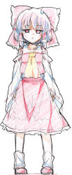 Rule 34 | 1girl, :&lt;, absurdres, blush, bow, colored pencil (medium), detached sleeves, female focus, hair bow, hair tubes, hakurei reimu, highres, japanese clothes, jitome, looking at viewer, miko, oka (bananashoe), red eyes, short hair, sketch, solo, standing, sweatdrop, touhou, traditional media