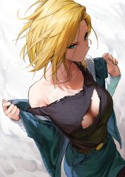 Rule 34 | 1girl, absurdres, android 18, bare shoulders, belt, belt buckle, black shirt, blonde hair, blue eyes, blue jacket, breasts, brown belt, buckle, cleavage, cleavage cutout, clothing cutout, collarbone, denim, denim jacket, denim skirt, dragon ball, dragonball z, from above, highres, jacket, large breasts, long sleeves, looking at viewer, marse (rokudaime), medium hair, open clothes, open jacket, pencil skirt, shaded face, shirt, skirt, solo, torn clothes, torn shirt, undressing, upper body