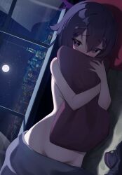 Rule 34 | 1girl, bitseon, blue archive, blue hair, blush, building, city, commentary request, completely nude, covering body, covering privates, full moon, hair between eyes, hair ornament, hairclip, halo, haruka (blue archive), highres, holding, holding pillow, looking at viewer, lying, moon, night, night sky, nude, nude cover, on side, pillow, purple eyes, shadow, sky, solo, star (sky), starry sky, window