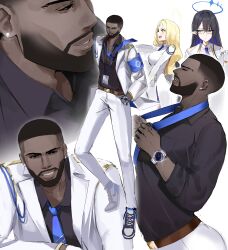 Rule 34 | 1boy, 2girls, absurdres, ayumu (blue archive), beard, black eyes, black hair, black shirt, blue archive, blue hair, blue necktie, breasts, closed eyes, commentary, dark-skinned male, dark skin, dress, ear piercing, english commentary, facial hair, fade (haircut), forehead jewel, halo, hand in pocket, highres, jacket, large breasts, long legs, male focus, multiple girls, multiple views, necktie, open clothes, open jacket, pants, parted lips, piercing, pointy ears, rin (blue archive), sensei (blue archive), shirt, shoes, simple background, sneakers, sstthei, watch, white background, white dress, white jacket, white pants, wristwatch
