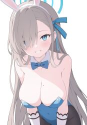 Rule 34 | 1girl, absurdres, asuna (blue archive), bare shoulders, blue archive, blue eyes, breasts, cleavage, highres, jyt, large breasts, leotard, light brown hair, long hair, looking at viewer, playboy bunny, simple background, smile, solo