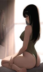 Rule 34 | 1girl, absurdres, ass, bare shoulders, black hair, covered erect nipples, dgkamikaze, from behind, girls&#039; frontline, highleg, highleg leotard, highres, leotard, leotard sweater, long hair, looking to the side, m4a1 (girls&#039; frontline), multicolored hair, on bed, sitting, sleeveless turtleneck leotard, streaked hair, striped, vertical stripes, wariza
