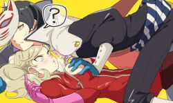 Rule 34 | 1boy, 1girl, ?, accidental pervert, ass, blonde hair, blue eyes, blue hair, boy on top, grabbing another&#039;s breast, cheeseko, collar, couple, earrings, fox mask, gloves, grabbing, hetero, jewelry, kitagawa yuusuke, light blush, mask, mask on head, open clothes, persona, persona 5, simple background, sweatdrop, takamaki anne, twintails, white collar, yellow background, zipper
